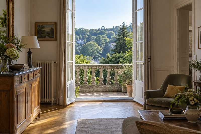 Porte-fenêtre ouverte sur une terrasse en surplomb, cimes des arbres derrière la balustrade