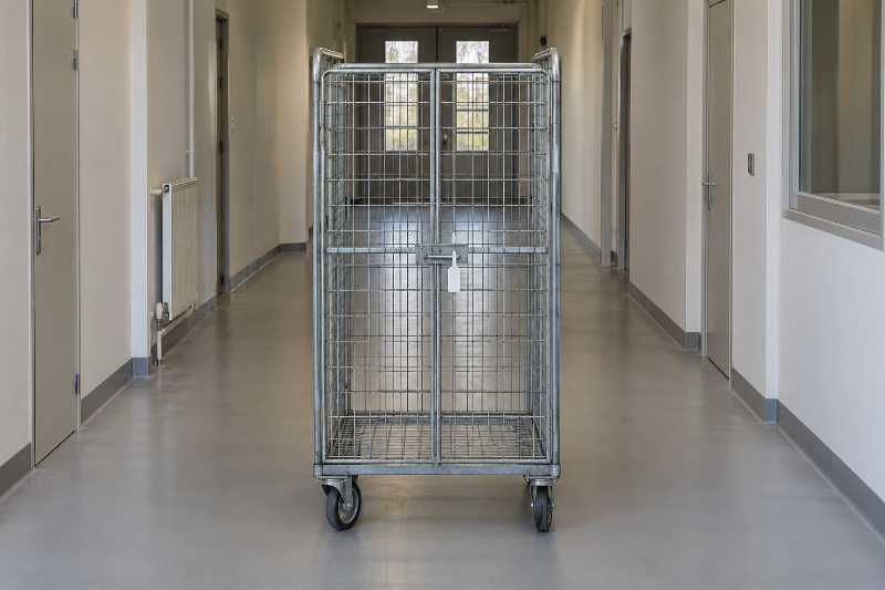 Cage roulante grillagée fermée et scellée, seule dans un couloir de service