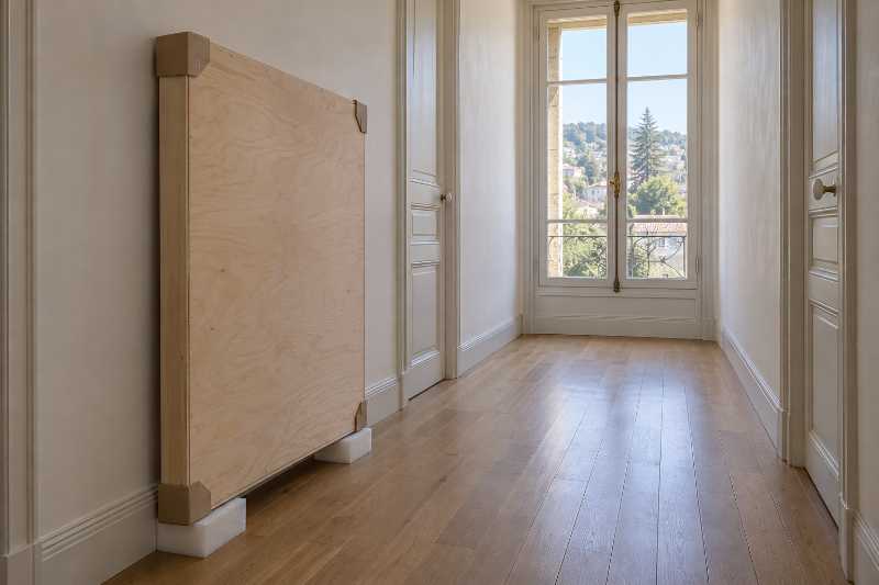 Caisse plate à tableaux dressée contre un mur de couloir, cornières aux angles