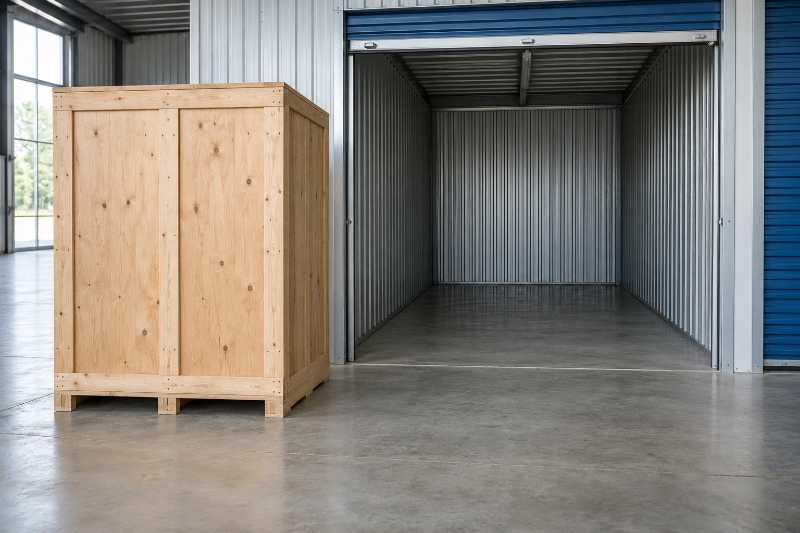 Caisse en bois fermée posée devant un box de stockage ouvert et vide