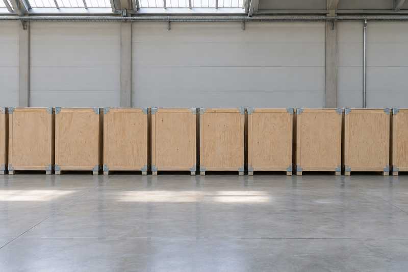 Rangée de caisses en contreplaqué identiques et fermées, alignées le long d'un mur