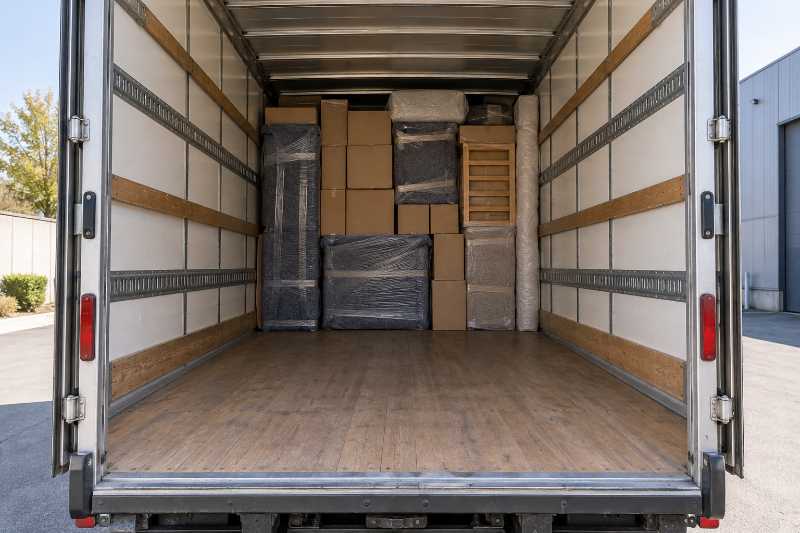 Caisse de camion chargée jusqu'à mi-longueur, la moitié arrière encore vide