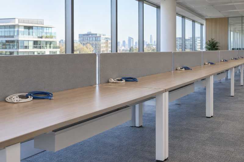 Cordons débranchés et lovés sur chaque plateau de bureau, chaises retirées