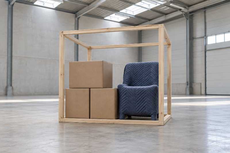 Cadre cubique en bois d'un mètre de côté posé au sol, cartons à l'intérieur