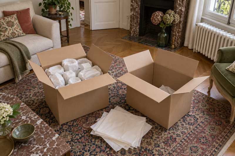 Deux cartons ouverts posés sur un tapis, l'un rempli, l'autre presque vide