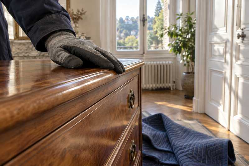 Main gantée suivant l'arête d'une commode déballée, couverture repliée au sol