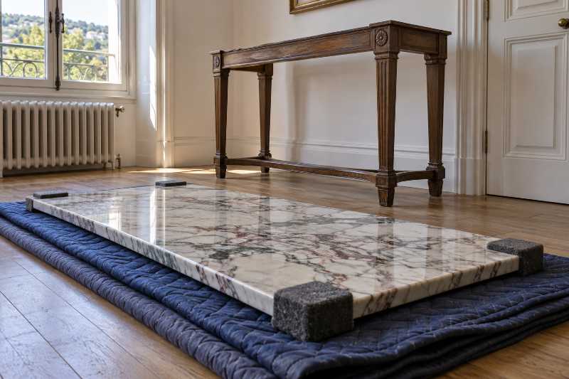 Dessus de marbre déposé à plat sur des couvertures, piètement de console à côté