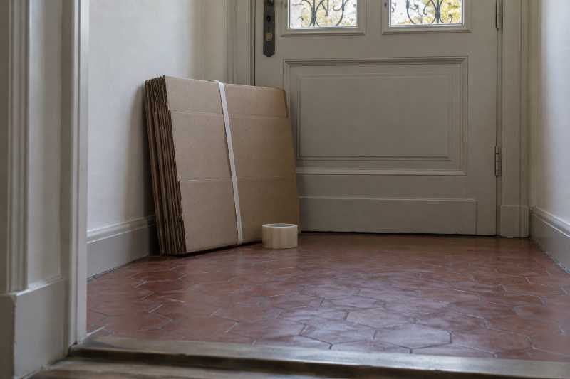 Paquet de cartons livrés à plat et cerclés, posé contre une porte d'entrée