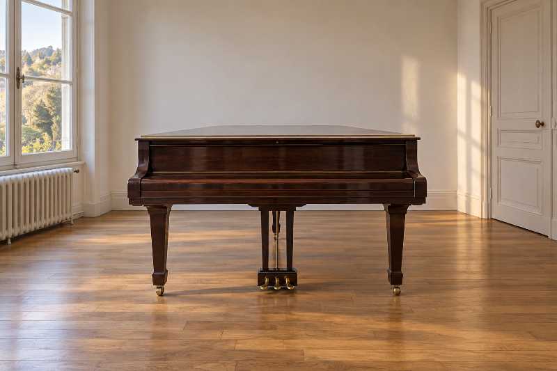 Piano à queue vu de face dans l'axe du clavier, pièce entièrement vidée