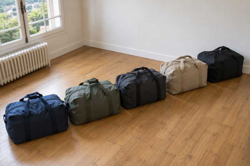 Sacs de déménagement souples remplis et fermés, alignés sur un parquet vide