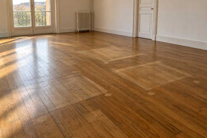 Rectangles clairs laissés sur un parquet ciré par les meubles enlevés